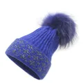 Navy blue knit beanie with faux fur pompom and silver glitter star pattern on cuff - M / Royal Blue