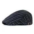 Classic striped cotton denim beret cap with adjustable bronze metal buckle on white background - M (56-58cm) / Black