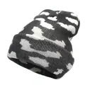 Detail shot of black and white cloud pattern knitted beanie with vertical ribbed texture - M (56-58cm) / Black