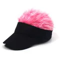 Detail view of funny baseball cap featuring black fabric and pink faux hair wig top - Pink Hair