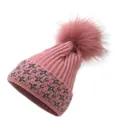 Pink rib-knit winter beanie with silver glitter stars and a fluffy faux fur pompom - M / Pink