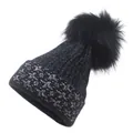 Women's black knit beanie with silver glitter threads and large faux fur pompom detail - M / Black