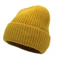 Detailed close-up of mustard yellow ribbed knit beanie with stylish folded cuff - M(56-58cm) / Yellow