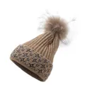 Women's khaki knit beanie with fluffy fur pom-pom and silver glitter star patterns - M / Khaki