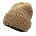Classic thick knit cashmere beanie in camel brown with ribbed texture and folded brim - M(56-58cm) / Dark Khaki