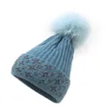 Detailed knit texture of blue winter beanie featuring silver glitter stars and a faux fur pom - M / Sky Blue