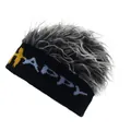 Funny knitted wig beanie with HAPPY lettering band and grey shaggy faux hair style - M (56-58cm) / Black + Gray Faux Fur