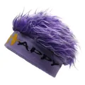 Purple knit beanie with HAPPY lettering and fuzzy wig top for hip-hop streetwear style - M (56-58cm) / Purple + Purple Hair