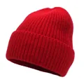 Close-up of bright red ribbed knit beanie showing soft cashmere-cotton texture - M(56-58cm) / Red