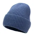 Detail of blue ribbed knit beanie showing soft wool texture and folded cuff style - M(56-58cm) / Lake Blue