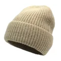 Close-up of beige cotton-cashmere beanie showing thick ribbed knit texture and folded cuff - M(56-58cm) / Light Khaki