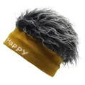 Divertente cappello Happy lavorato a maglia con parrucca per feste e calore invernale - M(56-58cm) / Giallo con pelliccia grigia