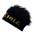 Hip hop beanie with fake hair wig and SMILE letter embroidery on black knitted fabric - M (56-58cm) / Black + Black Faux Fur