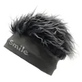Detailed macro view of the grey ribbed knit beanie with smile text and faux wig hair - M(56-58cm) / Gray + Gray Faux Fur