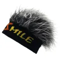 Creative knitted beanie with grey wig hair and yellow SMILE text embroidery - M (56-58cm) / Black + Gray Faux Fur
