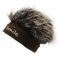 Brown knit beanie featuring a smile embroidery and fuzzy wig top for costume fun - M(56-58cm) / Brown With Coffee Fur