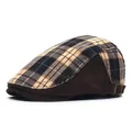 Classic British style plaid flat cap with corduroy brim and adjustable metal buckle - M (56-58cm) / Brown