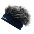 Funny dark blue knit beanie with gray wig hair and white Smile embroidery - M(56-58cm) / Dark Blue With Gray Fur