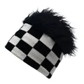 Detail of checkered knit beanie with long black faux fur top showing texture and weave - M (56-58cm) / Black Knitted Checkerboard with Black Faux Hair