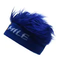 Blue knitted beanie with SMILE embroidery and creative long fur wig decoration on top - M (56-58cm) / Blue + Blue Faux Fur