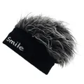 Funny Smile embroidered knit beanie with gray wig hair, creative streetwear party hat - M(56-58cm) / Black + Gray Faux Fur