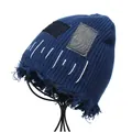 Distressed dark blue ribbed beanie with denim patches and vintage frayed edges - M (56-58cm) / Navy Blue
