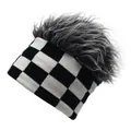 Close-up of knit checkerboard beanie with decorative grey faux hair on top - M (56-58cm) / Black Knitted Checkerboard with Gray Faux Hair