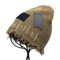 Khaki distressed knit beanie featuring retro patches and frayed industrial style details - M (56-58cm) / Khaki