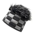 Detail view of checkerboard knit headband with grey curly synthetic hair wig top - M (56-58cm) / Gray Knitted Checkerboard with Gray Faux Hair