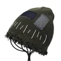Close-up of military green knitted beanie featuring denim patches and distressed brim details - M (56-58cm) / Dark Green