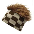 Diadema de punto de tablero con pelo sintético marrón para estilo hip-hop moderno - M (56-58cm) / Tablero de Ajedrez de Punto Marrón con Pelo Sintético Marrón Oscuro