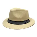 Classic wide brim straw sun hat for women with black ribbon band on white background - One Size / Beige