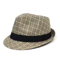 Μοντέρνο δίχρωμο πλεκτό καπέλο fedora με καρό σχέδιο και μαύρη κορδέλα γκρο - Ένα μέγεθος / Καφέ Και Μπεζ