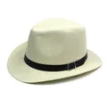 Summer men's straw Panama hat in cream white with black leather belt and silver buckle - One Size / Light Beige