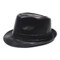 Classic black PU leather jazz fedora hat with rolled brim and stylish decorative band - One Size / Dark Brown