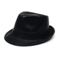 Classic black faux leather fedora hat with a stylish rolled brim and jazz crown design - One Size / Black