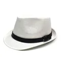 Detail of white woven fedora hat with black leather band and silver metal buckle - One Size / White