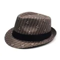 Chapeau fedora marron foncé à rayures avec motifs d'ancres blanches et ruban noir - Taille unique / café