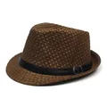 Καφέ ψάθινο καπέλο fedora με μαύρη δερμάτινη ζώνη και μεταλλική αγκράφα σε λευκό - Ένα μέγεθος / Καφέ