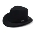 Detail of black straw fedora hat featuring a leather belt strap and silver metal buckle - One Size / Black