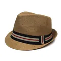 Khaki Strohhut für Herren mit modischem rot-schwarz gestreiftem Band für den Sommer - Khaki