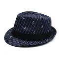 Chapeau fedora bleu marine pour homme avec motifs d'ancres blanches et rayures d'été - Taille unique / Bleu marine