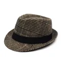 Klassischer britischer Karo-Fedora-Hut mit braun-schwarzem Karomuster und schwarzem Hutband - Einheitsgröße / Braun