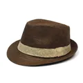 Chapeau Fedora bicolore en paille tressée pour femme, idéal pour la plage et le soleil - Taille unique / Café + Beige