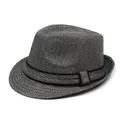 Classic houndstooth fedora hat with black decorative ribbon for women on white background - One Size / Gray