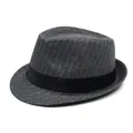 Chapeau Fedora gris foncé à rayures pour hommes avec bord court et ruban noir élégant - Taille unique / Gris