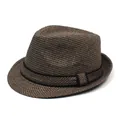 Classic houndstooth fedora hat in brown and black tones with matching ribbon band - One Size / Brown
