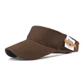 Fashionable dark brown cotton sun visor hat with decorative label and wide stitched brim - One Size / Brown
