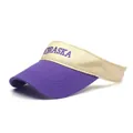 Detailed view of the purple and beige cotton sun visor with Nebraska letter embroidery - Purple