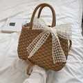 Sac à main en paille tressé avec grand nœud en dentelle blanche pour plage et vacances - Kaki